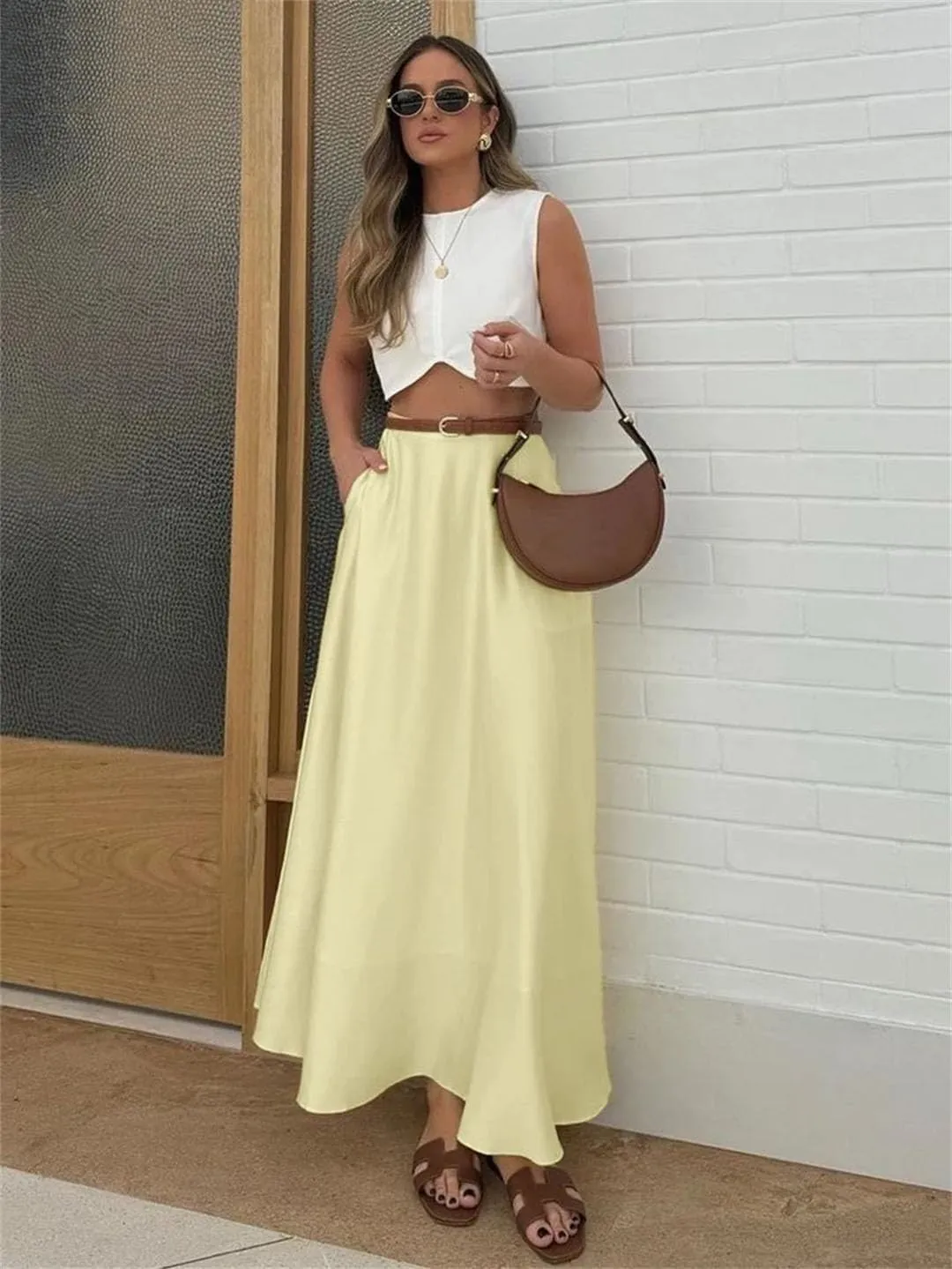 Women's Casual Loose Skirt High Waist Ankle Length Skirts Elegant Solid Skirt Clothing
