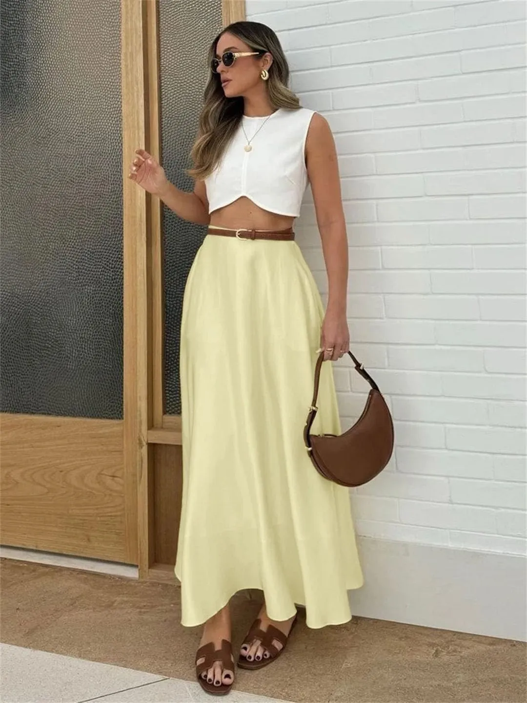 Women's Casual Loose Skirt High Waist Ankle Length Skirts Elegant Solid Skirt Clothing