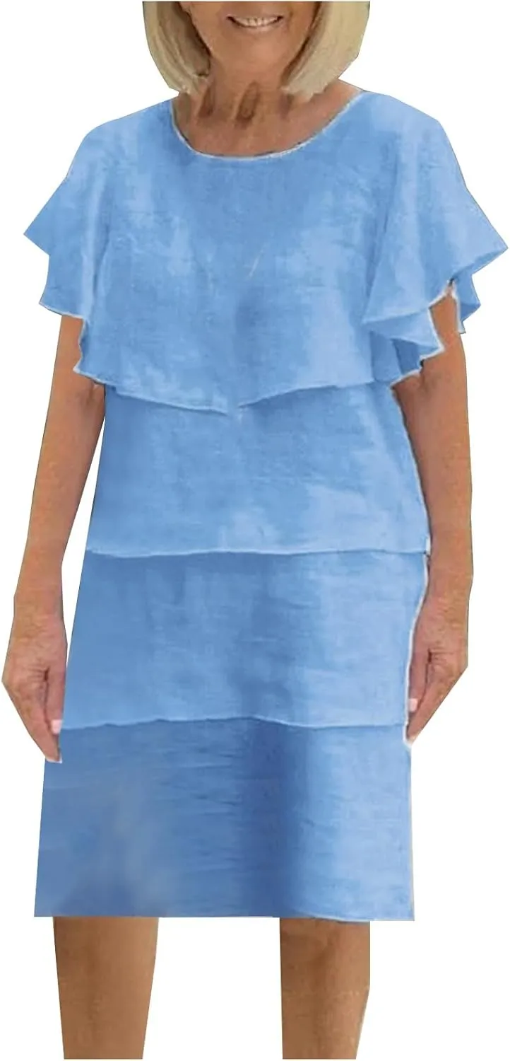 Womens Elegant Ruffle Tiered Dress Elegant Crewneck Flowy Midi Sundress Causal Beach Sun Dress Wedding Guest Dresses