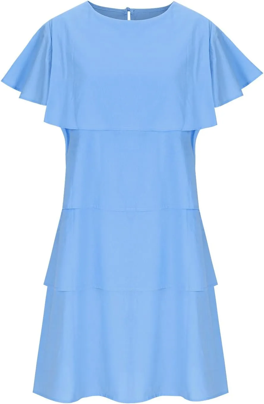 Womens Elegant Ruffle Tiered Dress Elegant Crewneck Flowy Midi Sundress Causal Beach Sun Dress Wedding Guest Dresses