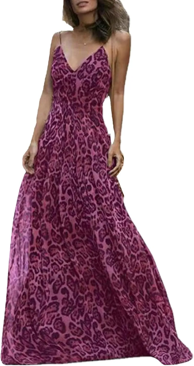 Women's Maxi Dress Spaghetti Strap Sleeveless V Neck Dress Leopard Printed Elegant Dresses Cocktail Party Dresses