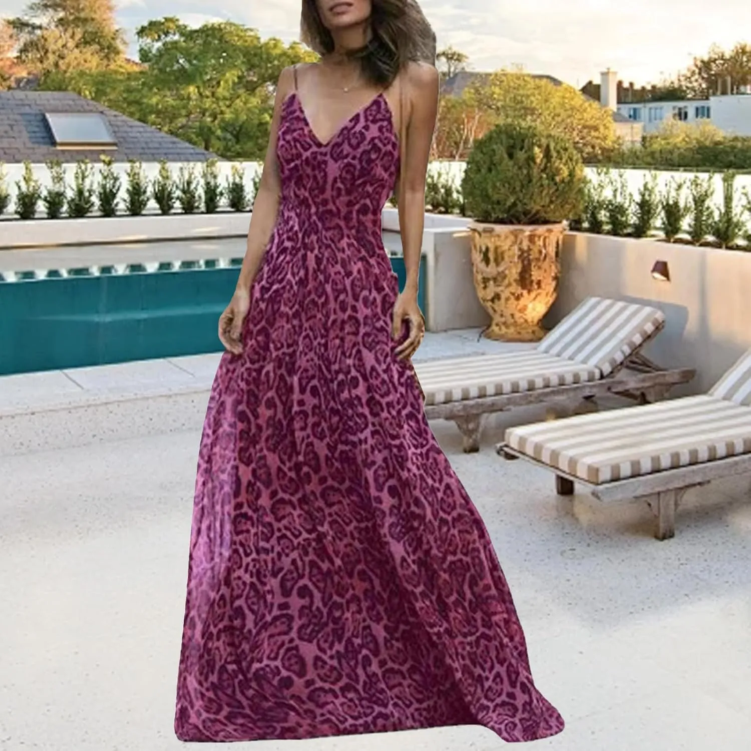 Women's Maxi Dress Spaghetti Strap Sleeveless V Neck Dress Leopard Printed Elegant Dresses Cocktail Party Dresses
