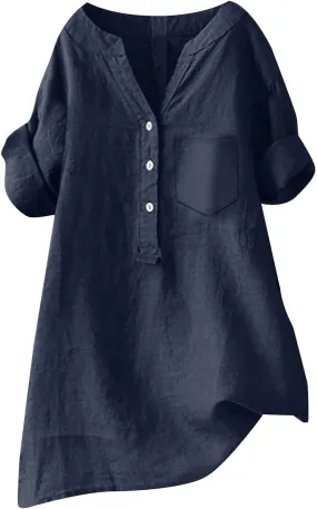 Women's Short Sleeve Cotton Linen Shirts Casual V Neck Soft T Shirts Floral Loose Fit Summer Tshirts