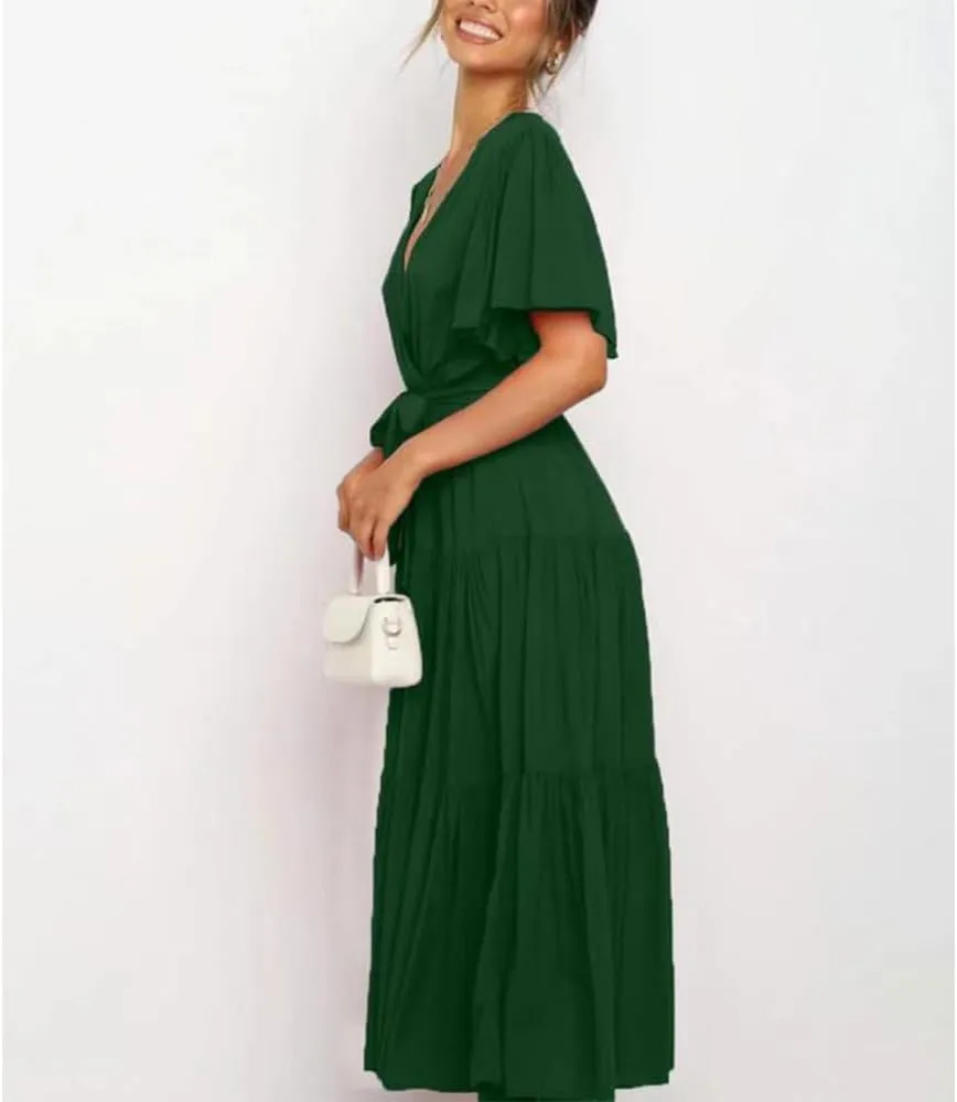 Women's Summer Floral Boho Dress Wrap V Neck Short Sleeve Ruffle A Line Flowy Maxi Wedding Guest Dresses