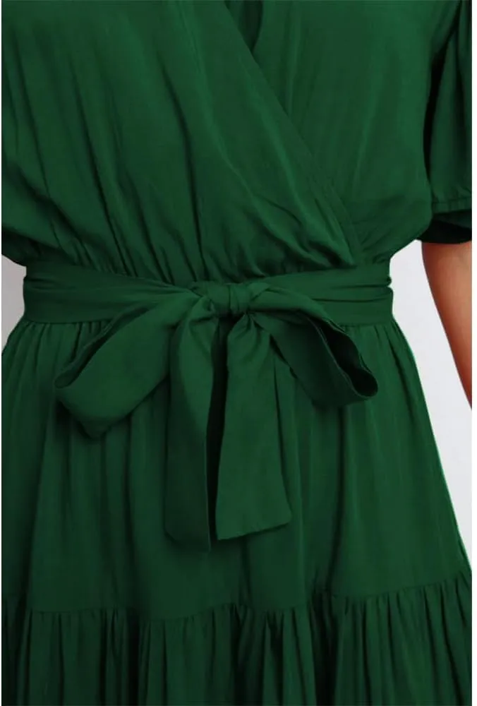 Women's Summer Floral Boho Dress Wrap V Neck Short Sleeve Ruffle A Line Flowy Maxi Wedding Guest Dresses