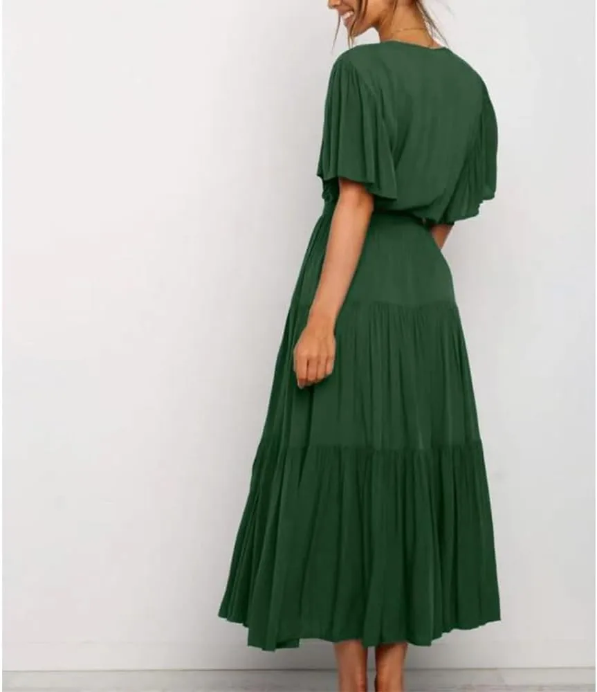 Women's Summer Floral Boho Dress Wrap V Neck Short Sleeve Ruffle A Line Flowy Maxi Wedding Guest Dresses