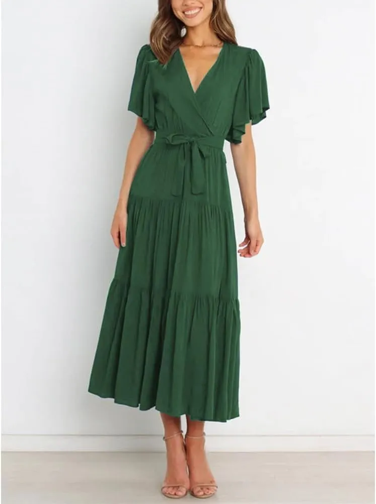 Women's Summer Floral Boho Dress Wrap V Neck Short Sleeve Ruffle A Line Flowy Maxi Wedding Guest Dresses
