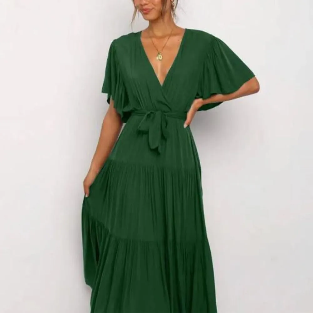 Women's Summer Floral Boho Dress Wrap V Neck Short Sleeve Ruffle A Line Flowy Maxi Wedding Guest Dresses