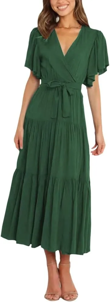 Women's Summer Floral Boho Dress Wrap V Neck Short Sleeve Ruffle A Line Flowy Maxi Wedding Guest Dresses