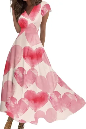 Women's V-Neck Short Sleeve Heart Print Maxi Dress Elegant Casual Summer A-Line Dress for Parties & Beach