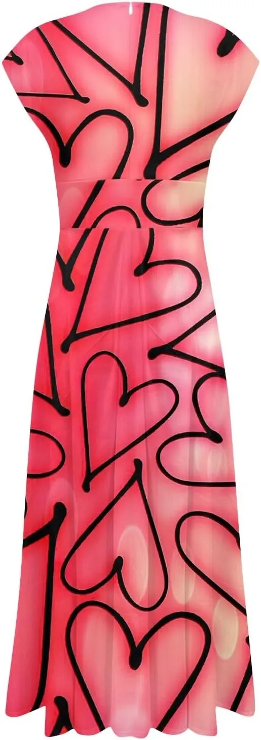 Women's V-Neck Short Sleeve Heart Print Maxi Dress Elegant Casual Summer A-Line Dress for Parties & Beach