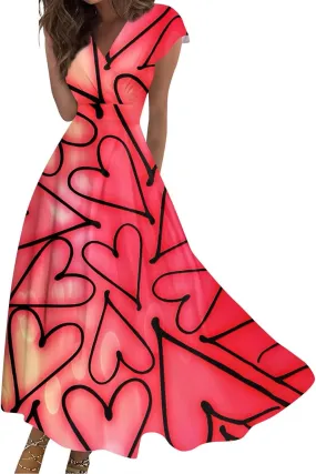 Women's V-Neck Short Sleeve Heart Print Maxi Dress Elegant Casual Summer A-Line Dress for Parties & Beach
