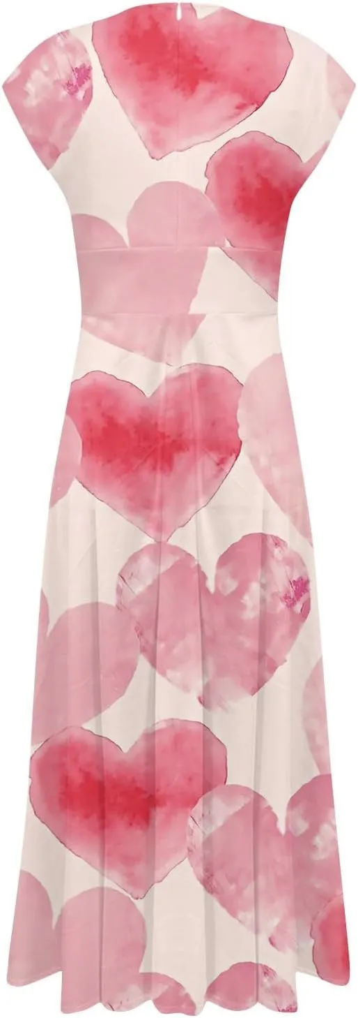Women's V-Neck Short Sleeve Heart Print Maxi Dress Elegant Casual Summer A-Line Dress for Parties & Beach