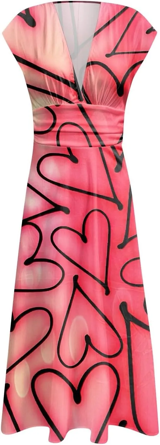 Women's V-Neck Short Sleeve Heart Print Maxi Dress Elegant Casual Summer A-Line Dress for Parties & Beach