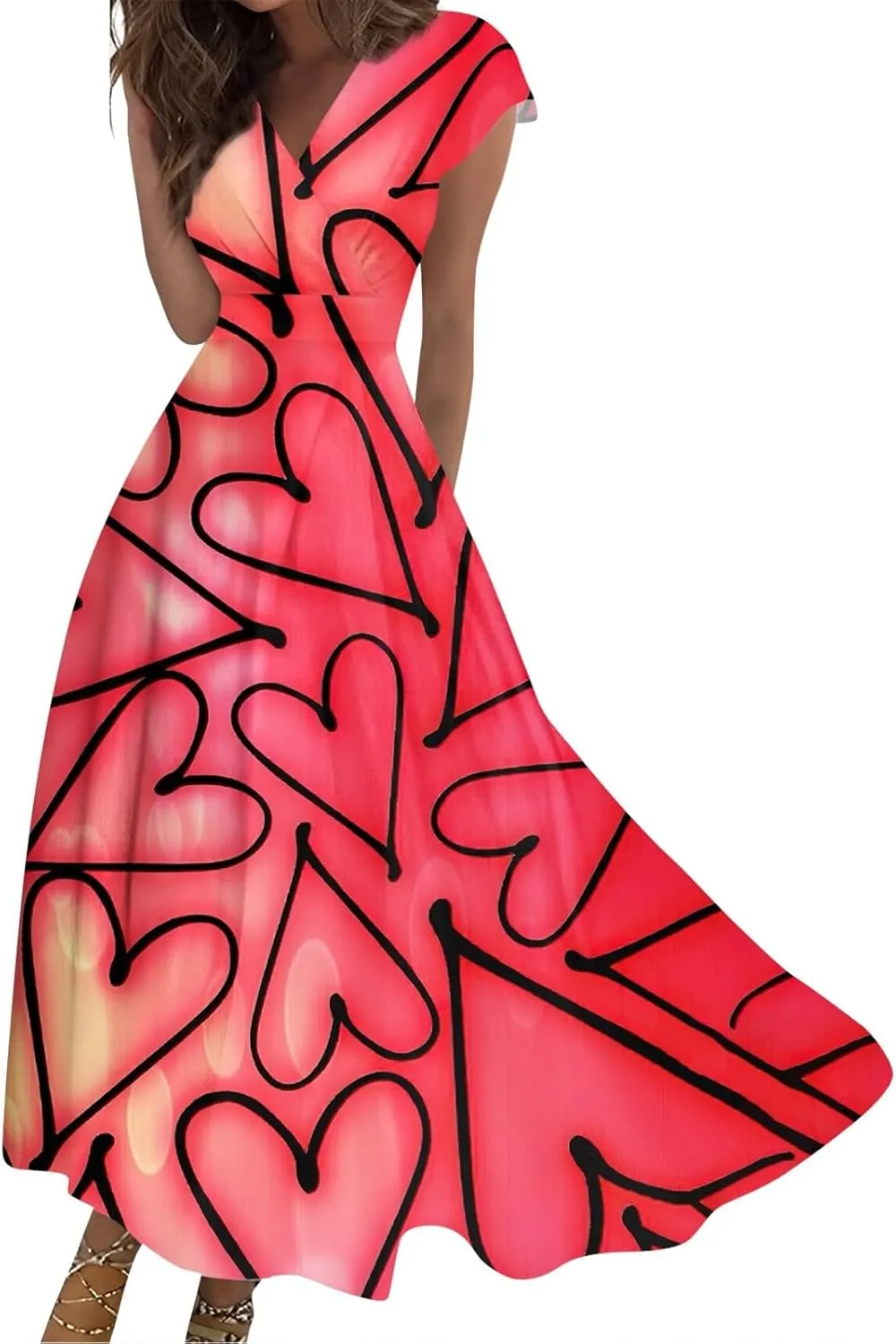 Women's V-Neck Short Sleeve Heart Print Maxi Dress Elegant Casual Summer A-Line Dress for Parties & Beach