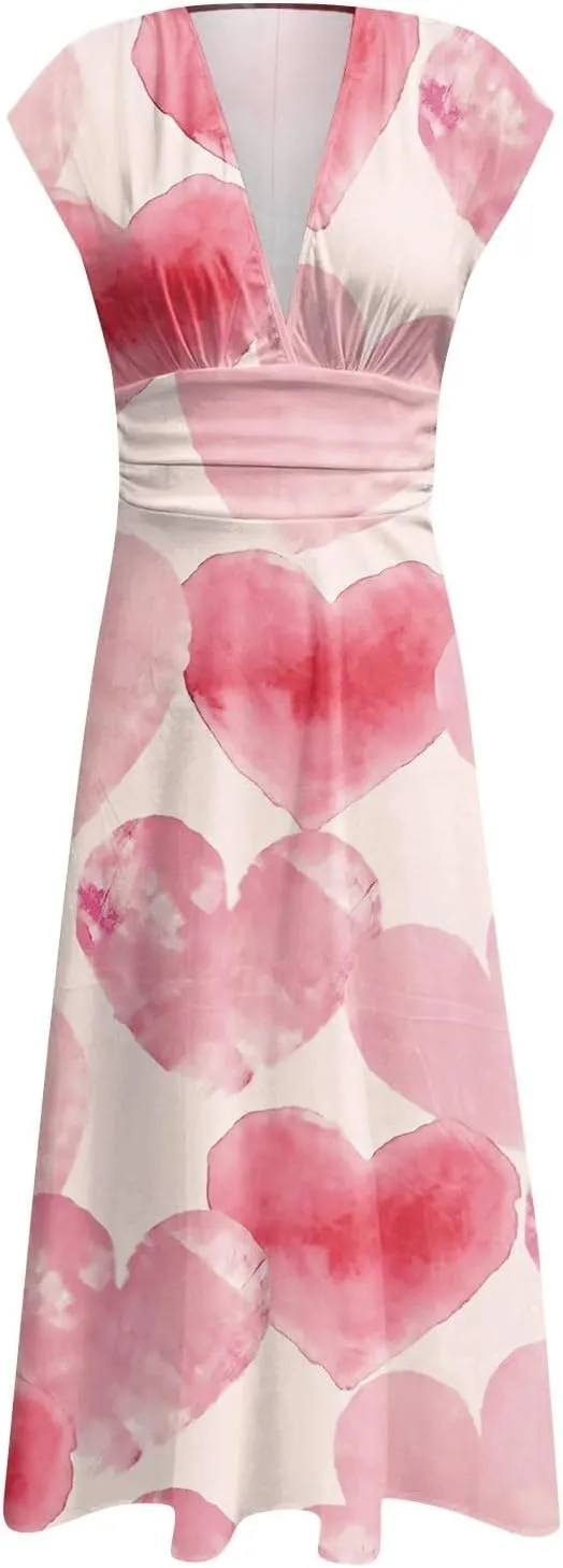 Women's V-Neck Short Sleeve Heart Print Maxi Dress Elegant Casual Summer A-Line Dress for Parties & Beach