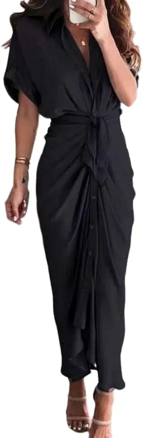Womens Vintage V-Neck Dress Short Sleeve Elegant Ruched Long Wrap Dress A-Line Flowy Maxi Skirt