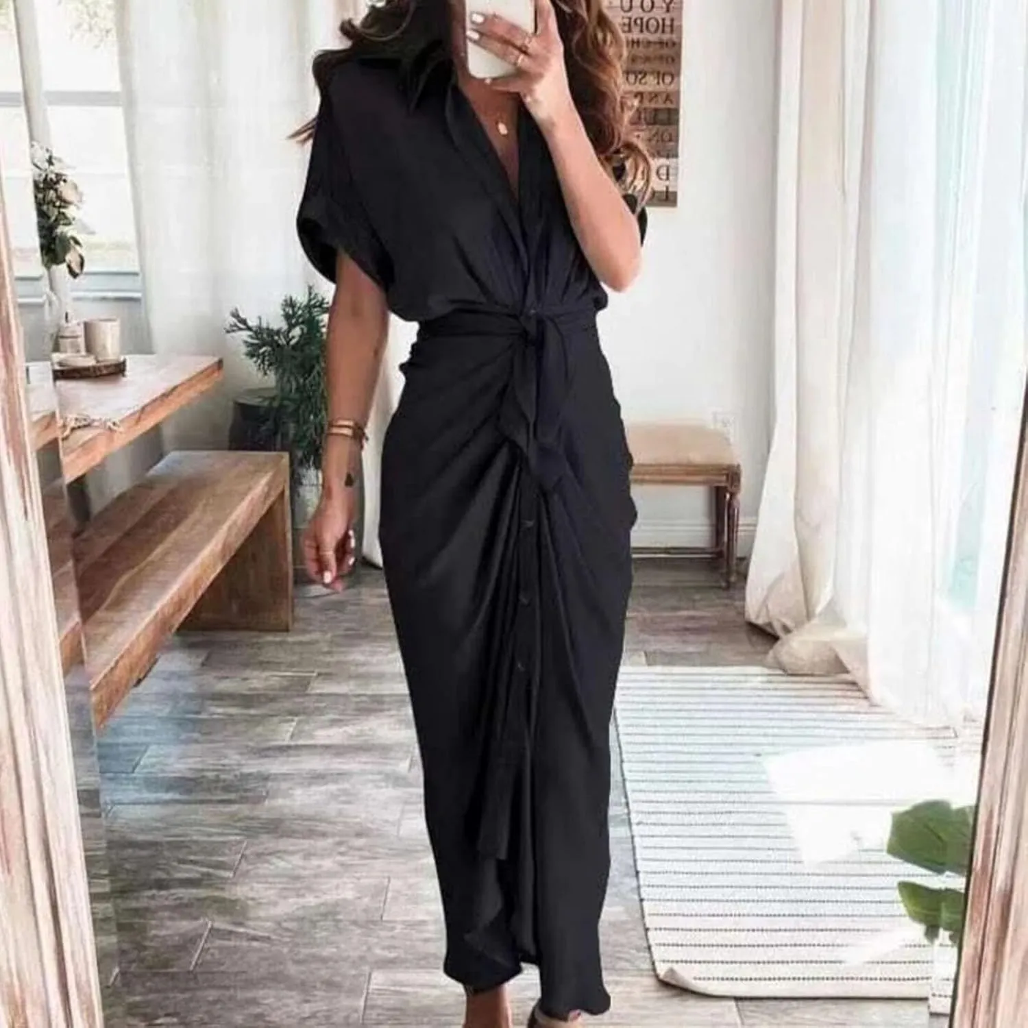Womens Vintage V-Neck Dress Short Sleeve Elegant Ruched Long Wrap Dress A-Line Flowy Maxi Skirt